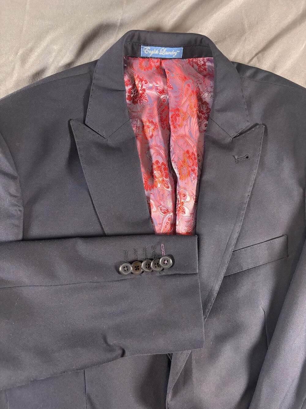 English Laundry Suit Jacket Blazer Mens 38R, 31W Navy Blue w/Red Paisley Lining
